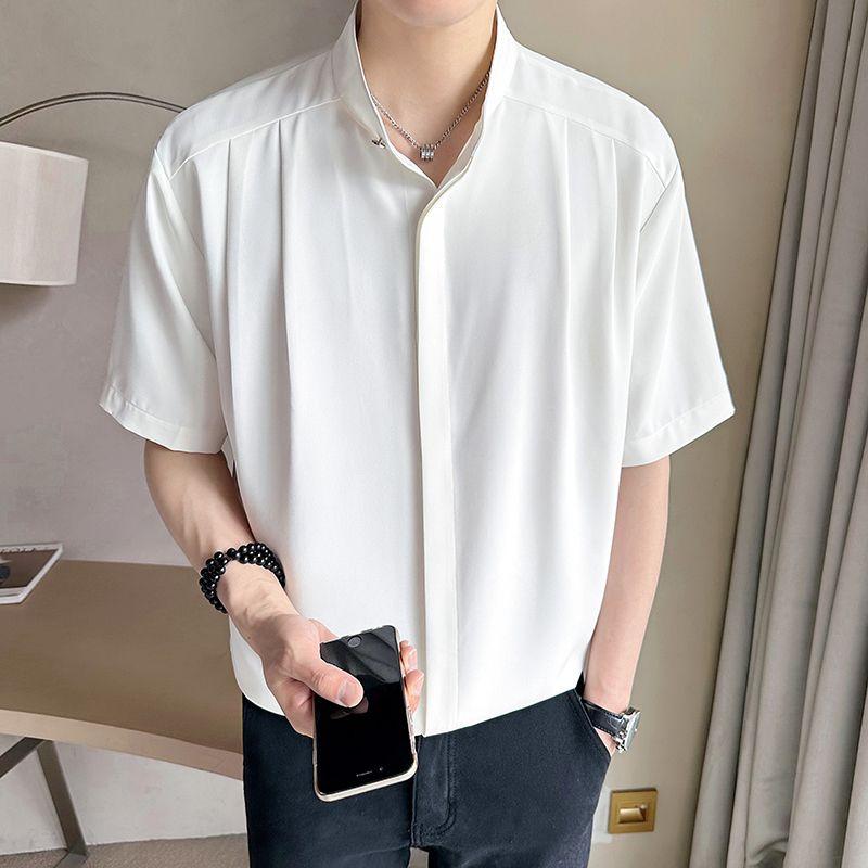 Ice Silk Chinese Stand-up Short-sleeved Shirt Men's Summer Fashion Brand Trendy Sense Handsome Seven-point Sleeve Casual Shirt