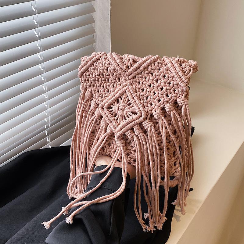 Handgefertigte Baumwollgewebte Gestrickte Quasten Umhängetasche Vintage Schulter Umhängetasche Damenmode Strand Sommer Handtaschen 2023 Tasche