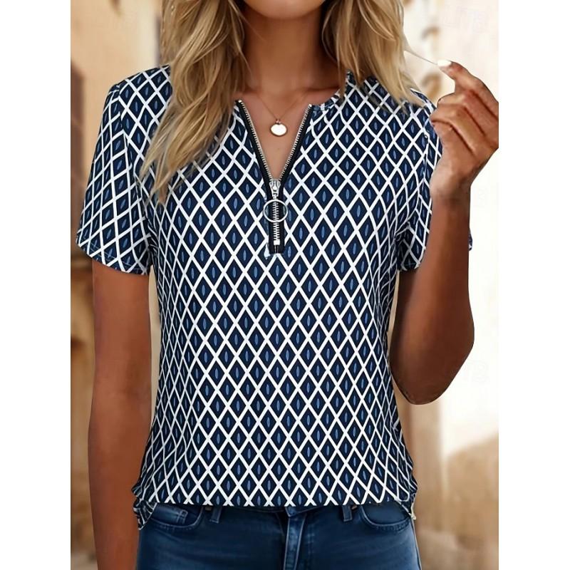 Casual Printed Zipper Front Tee Women - Relaxed Fit Short Sleeve Round Neck Top In Multiple Colors