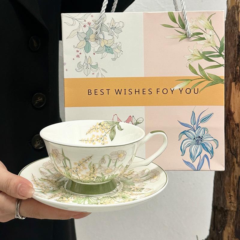 Green Lily of the Valley Mug Ceramic Coffee Cup Saucer Set Gift Box Girls Birthday Gift Mid-Autumn Festival Souvenir