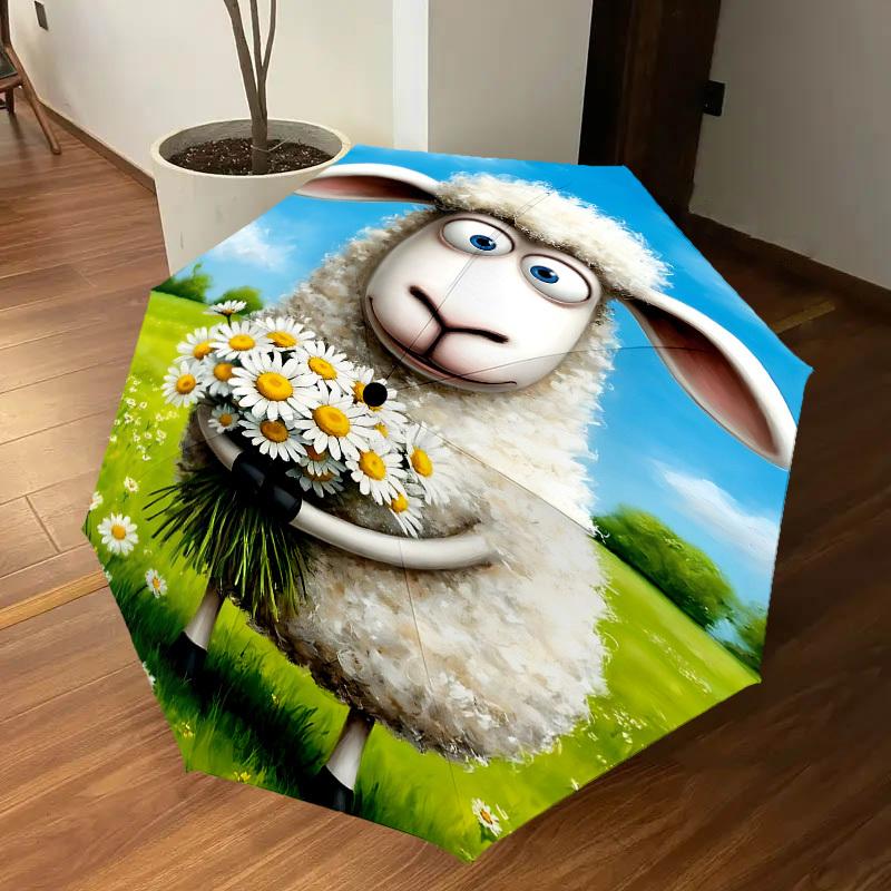 1PC Sheep Flowers Automatic Open/Close Umbrella with Windproof, 8-Rib Sturdy Canopy, Durable Ribs, Fashionable Design, Outdoor Accessory, Fun Prin, Ho