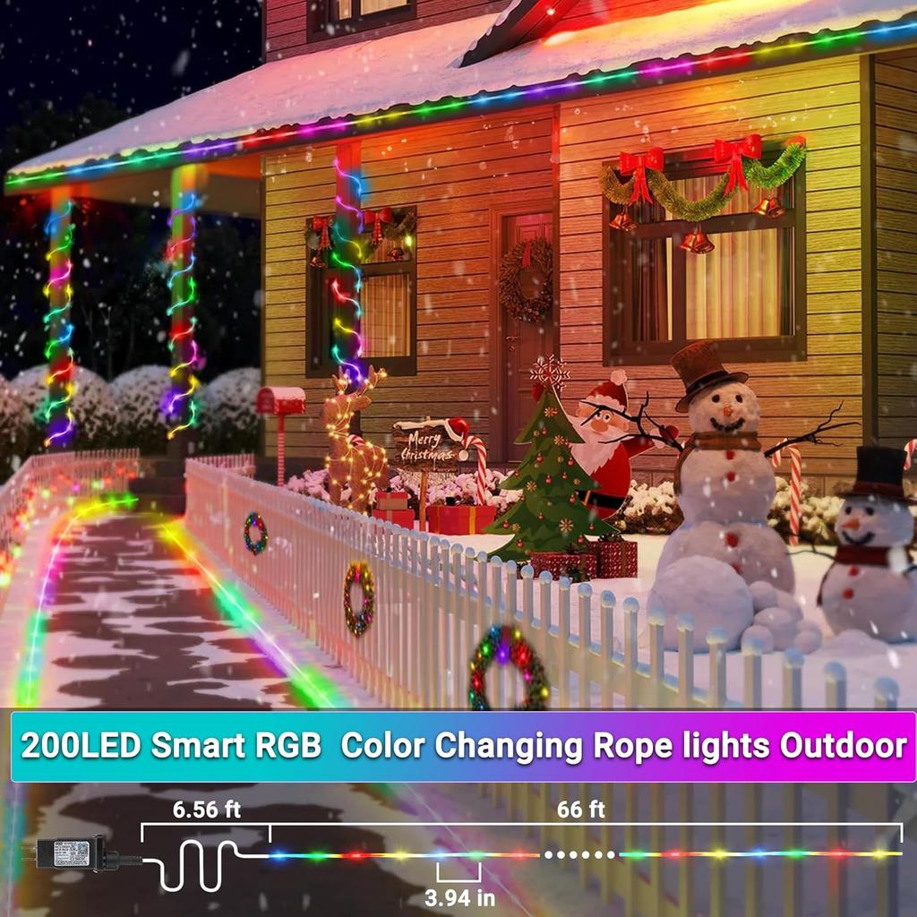 RGB Color Changing Rope Lights Outdoor, 33ft 100LED Smart Christmas Lights Remote & APP Control, Waterproof Music Sync Indoor String Lights - DIY