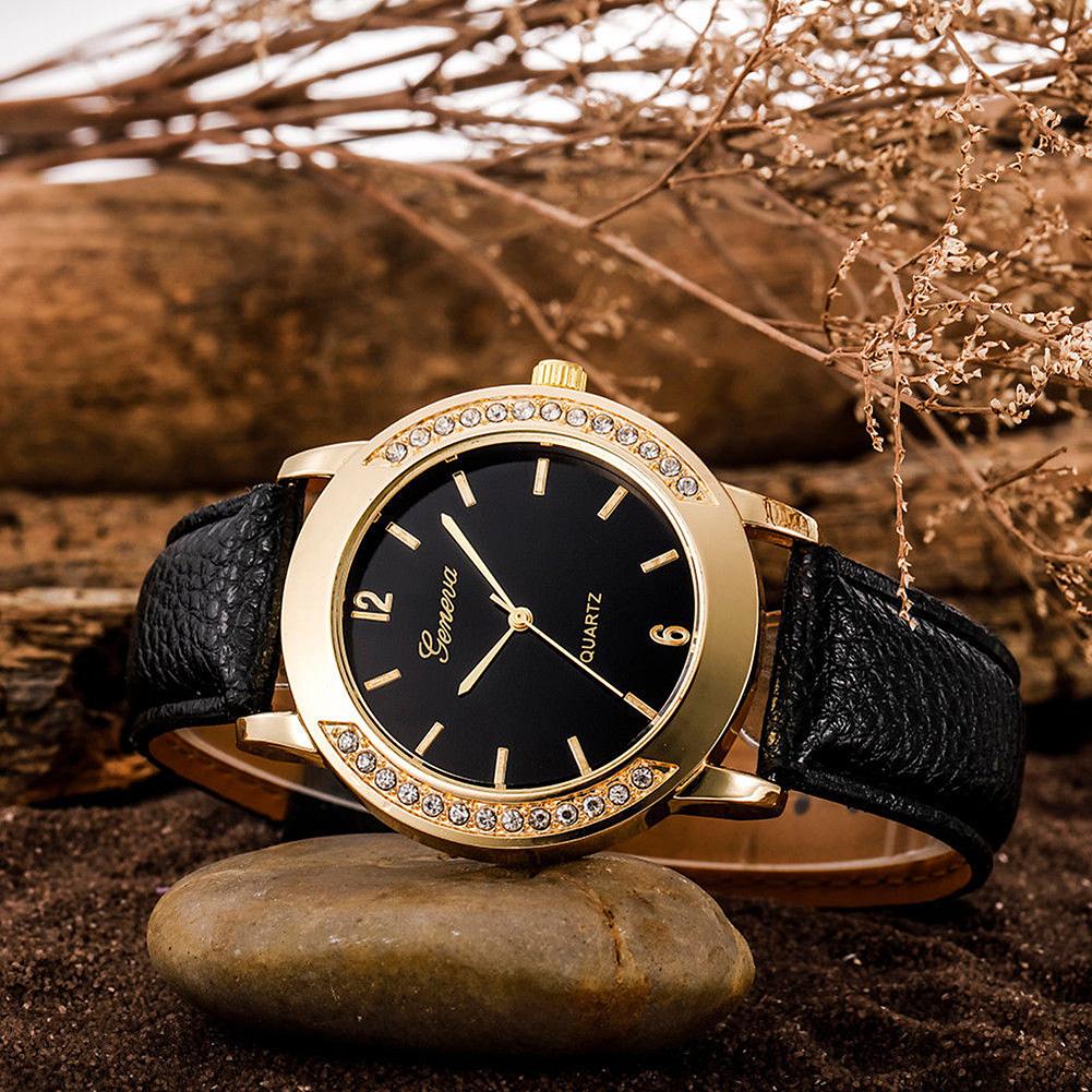 Women Fashion Double Side Diamond Watch Round Dial Quartz Clock Wristwatch with Leather Strap