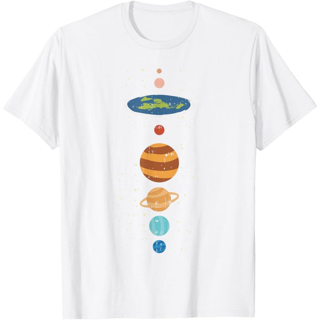 Flat Earth Planets Conspiracy Theory Funny Graphic T-Shirt Casual Cotton Tee