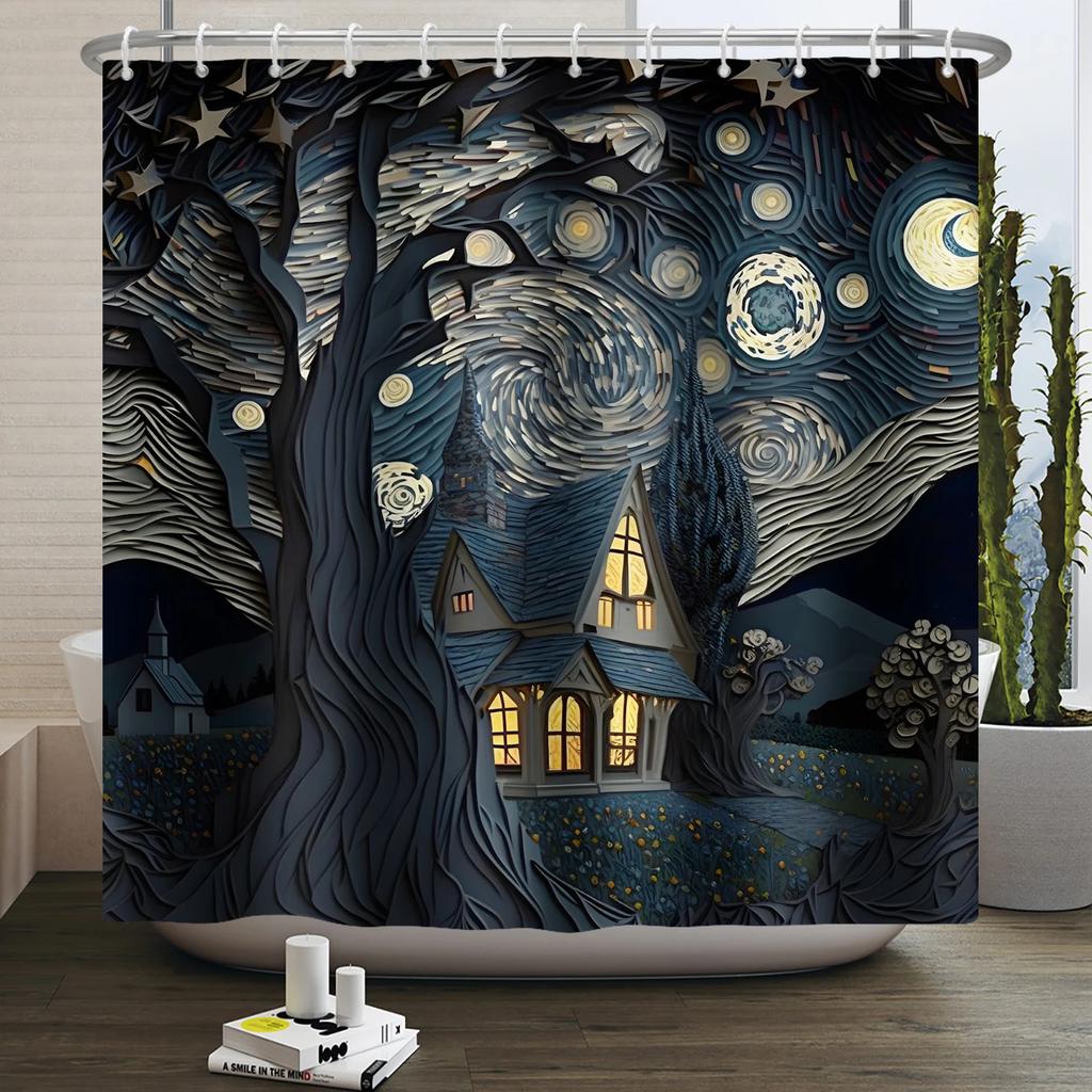 Van Gogh Abstract Art Oil Painting Shower Curtain Starry Night Scenery Bathroom Curtain Flower Tree Waterproof Bathtub Curtain