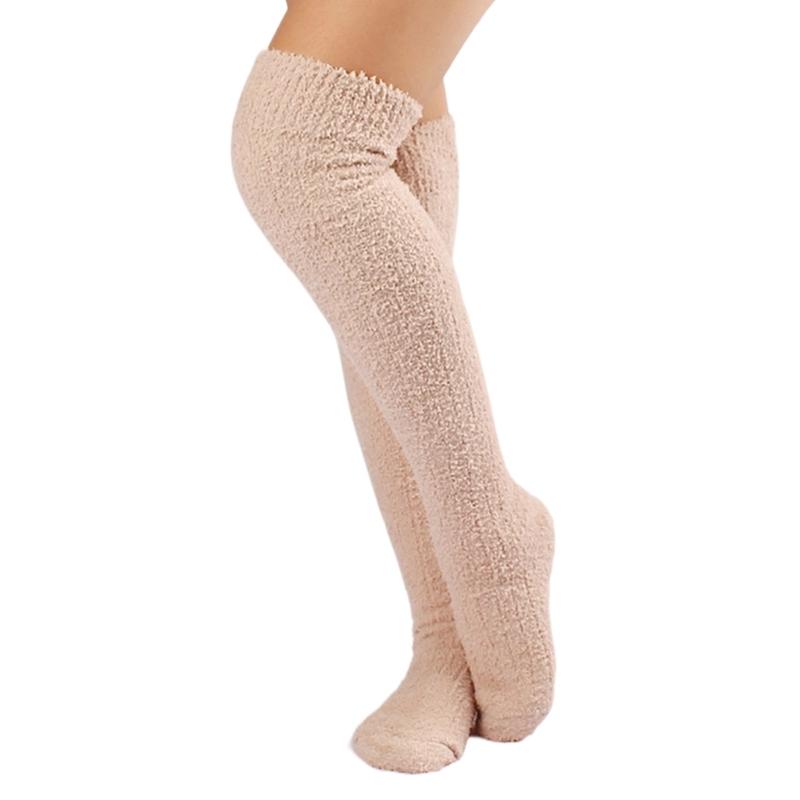 Womens Winter Leg Warmer Coral Fleece Thigh High Boot Socks Solid Color Ribbed Furry Warm Over the Knee Long Stockings