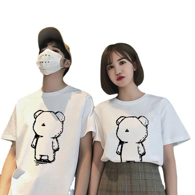 New summer couple's wear men's and women's front shoulder short-sleeved t-shirt loose clothes ins trendy half-sleeved t-shirt