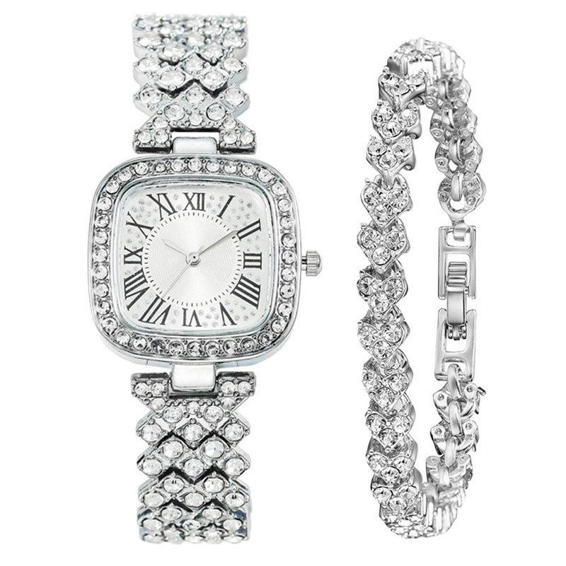 Fashion Watch Full Diamond Steel Belt Diamond Women'S 2-Piece Set Watch Roman Rhinestone Bracelet Women'S Watch