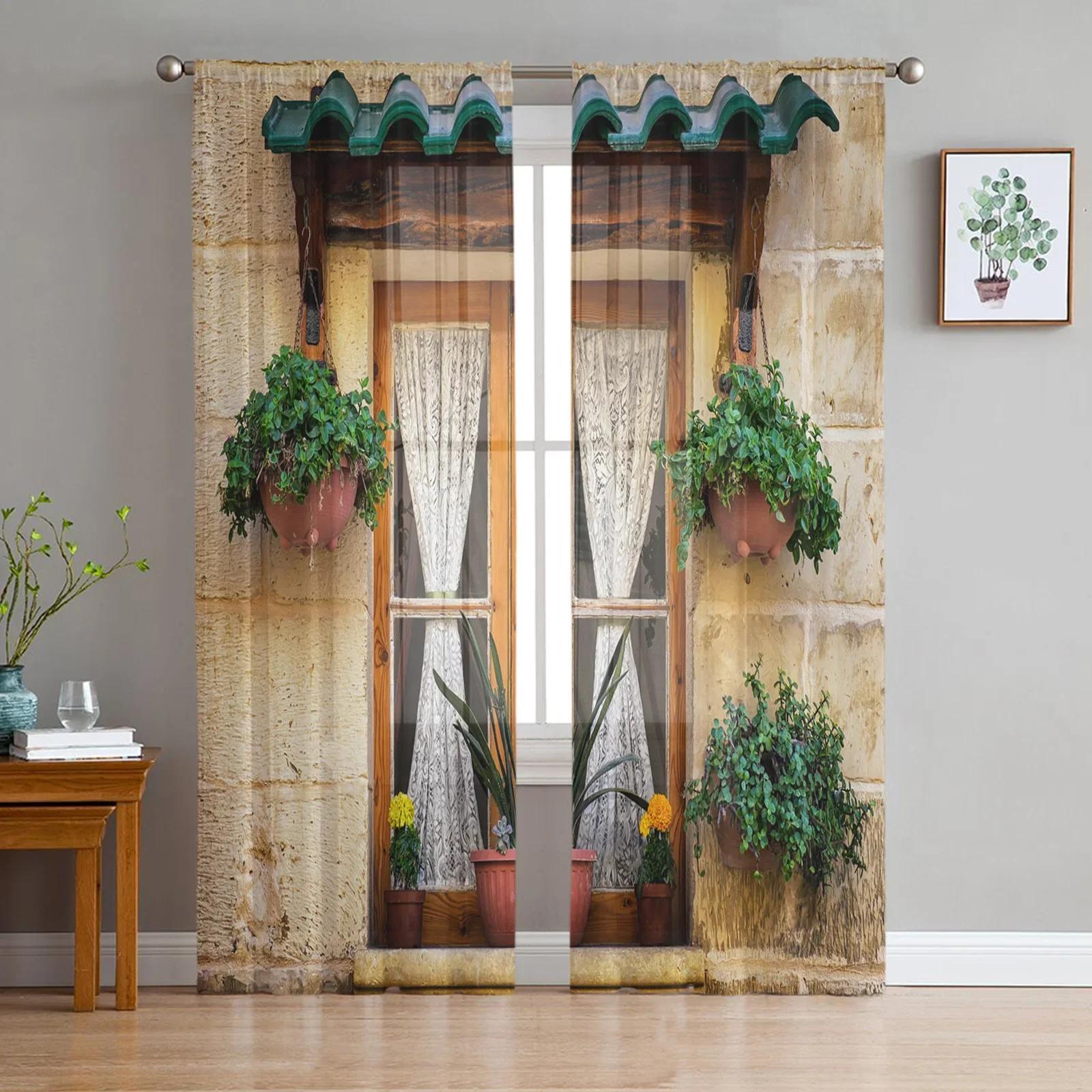 

Wood Windows Tile Brick Flower Pot Netting Sheer Window Drapes for Living Room the Bedroom Modern Sheer Fabric Organza Curtains Drapes W135 x H115cm x1&Rod Pocket