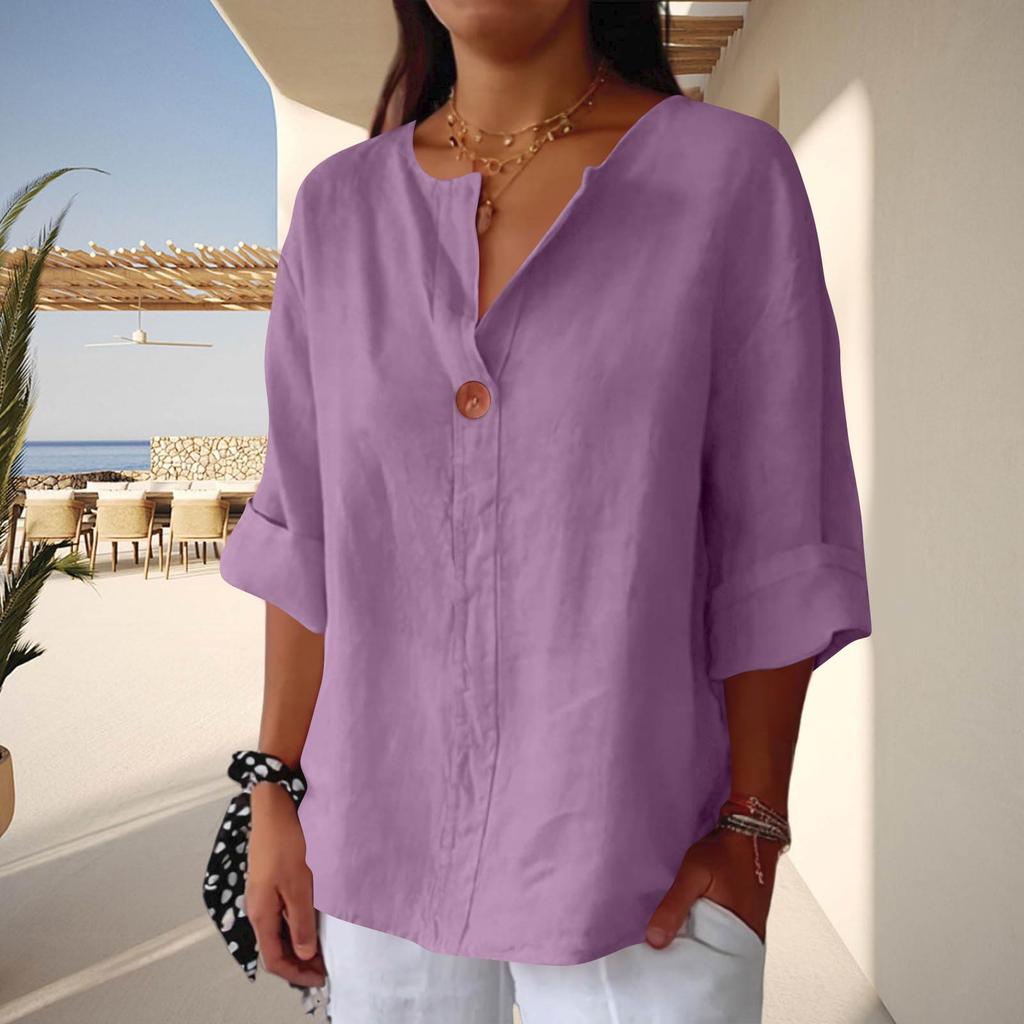Women’s Loose Fit Linen Blouse Half Sleeve Button Front Casual Lightweight Tunic Top Comfortable Relaxed Fit Shirt