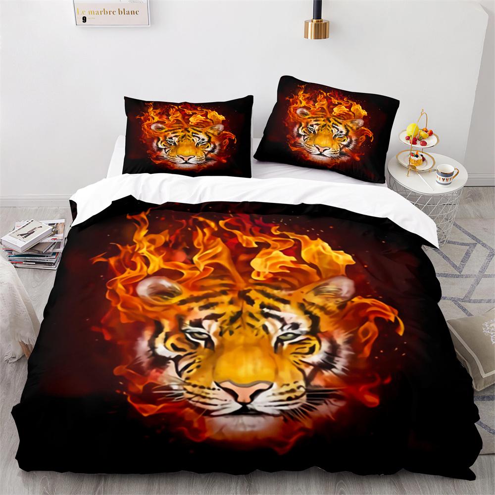 Purple Fire Tiger Duvet Cover Set 3D Print Wild Animals Queen King Size Bedding Set For Kid Boy Teen Comforter Cover With Zipper