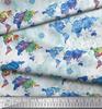 Soimoi White Japan Crepe Satin Fabric Direction Compass & World Map Print Fabric by the Metre 42 Inch