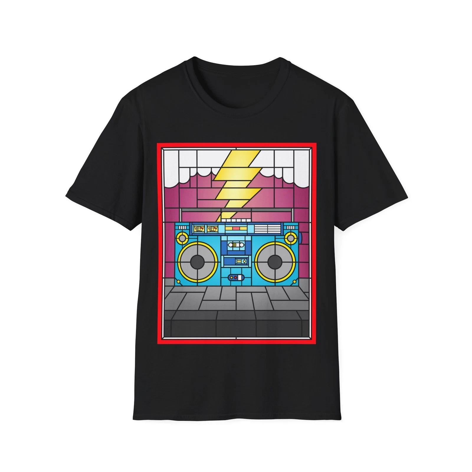 Stained Glass Boombox T-Shirt, Retro Graphic Tee, Regular Fit Music Fan Top M