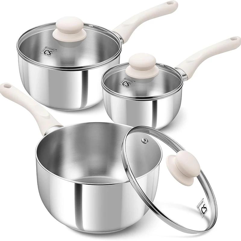 KOCH SYSTEME CS Stainless Steel Saucepan with Lid 1QT & 2QT & 3QT Milk Pot with Stay-cool Bakelite Handle Sauce Pot Induction