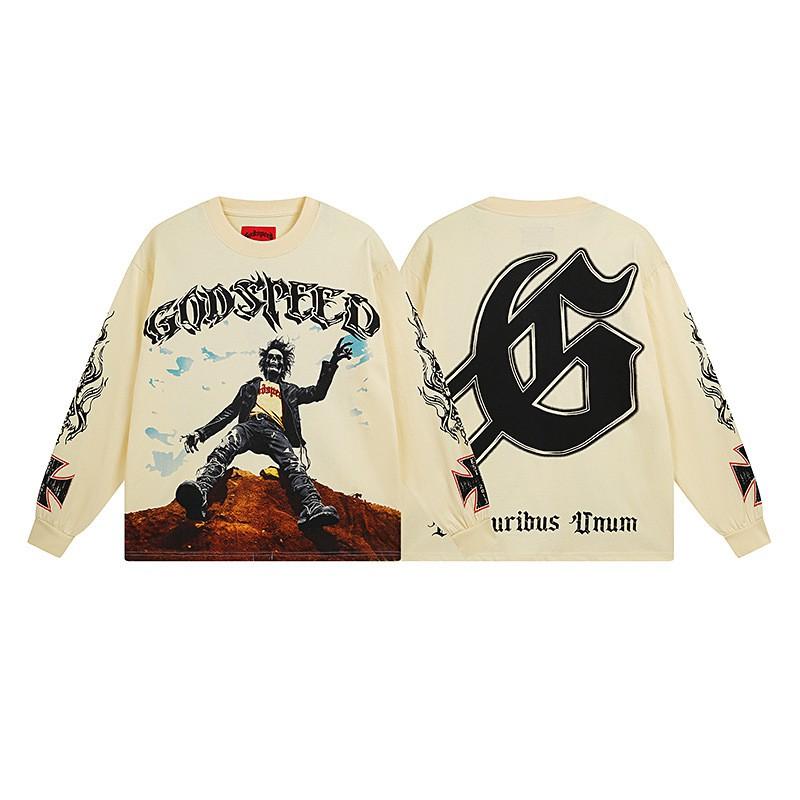 Mens Oversized Cotton Long Sleeve Tee With Skull Graphic Print Streetwear Rock Band Style Loose Fit Teens Adults