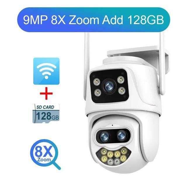 2024 New 9MP 4K Three Lens WiFi IP Camera Outdoor 8X Zoom Dual Screens PTZ Cameras Ai Auto Tracking CCTV Security Cam iCSee App