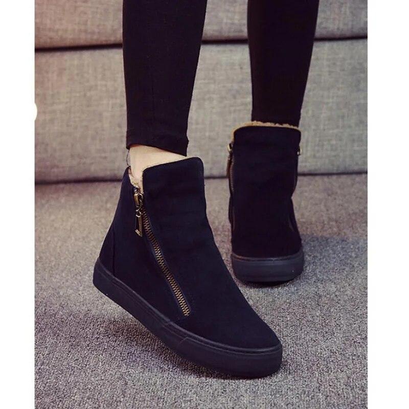 Comfortable Winter Snow Boots Flat Women Winter Shoes Zip Warm Plush Fashion Ladies Brand Ankle Boots Pure Black