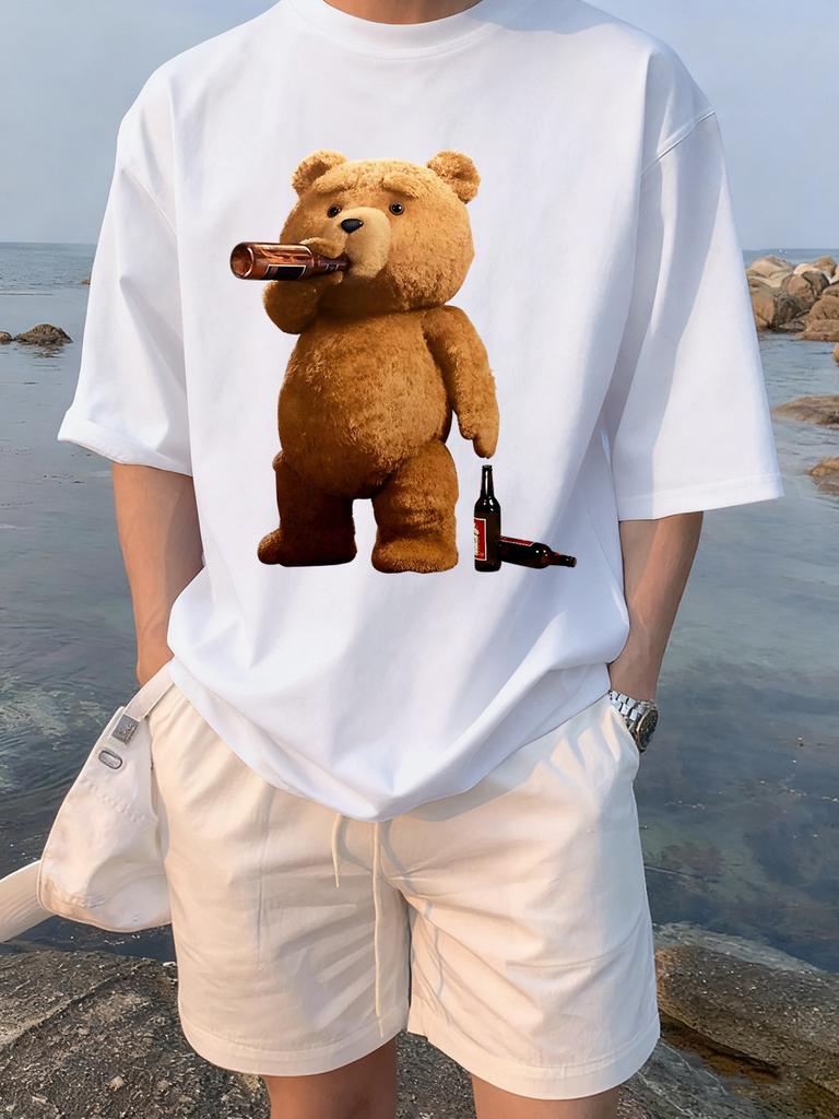 The Melancholic Bear Drinking Printing TShirt Women Cotton Summer T Shirt Comfortable Loose ONeck Tops Street Woman Clothes
