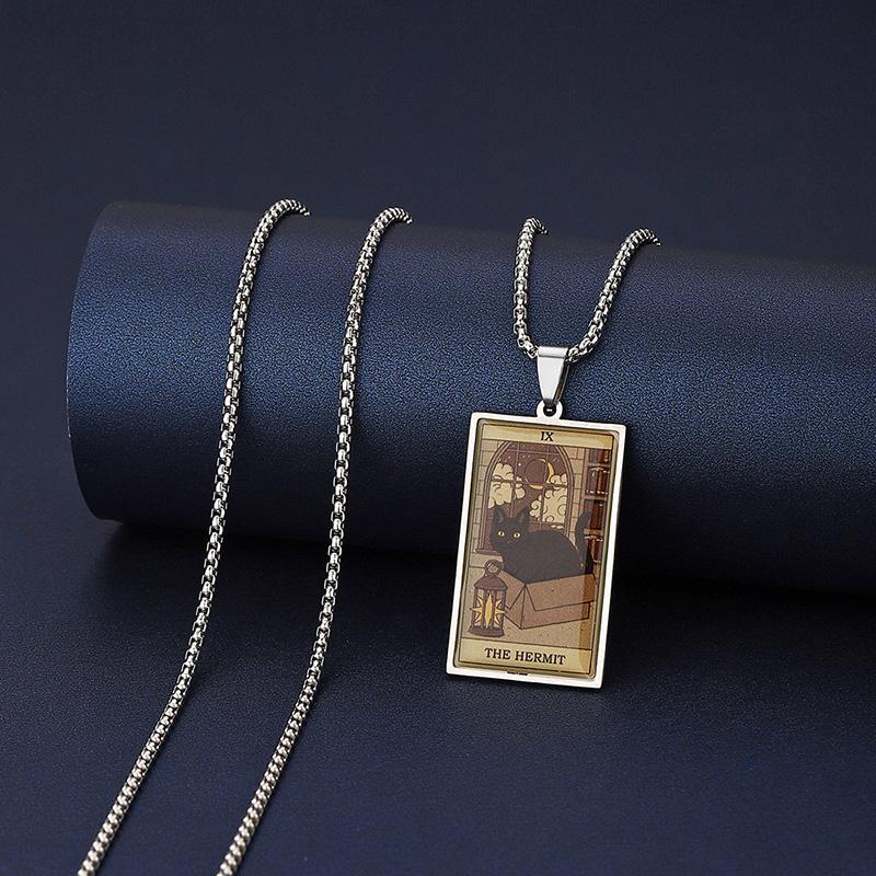 Stainless Steel Epoxy Cat Tarot Card Pendant Necklace For Men Boys Animal Divination Jewelry