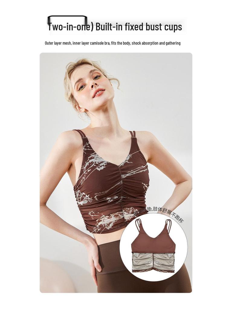 Women's Ruched Print Yoga Sports Bra with Built-in Pads & Stylish Back Design