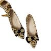 Shallow single shoes women's new pointed metal decorative bow leopard print suede low heel lazy shoes