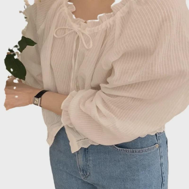 2023 Koreanischer Herbst Französischer Stil Spitze Laternenärmel Damenhemd