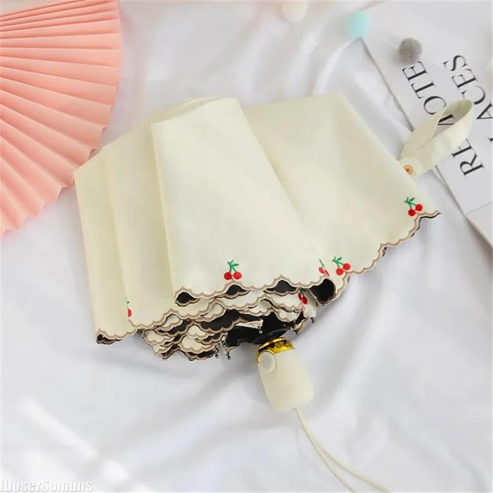 Embroidered Lace Three-Folding Automatic Umbrella Vinyl UV Protection Sunny and Rainy Dual Use Parasol Sun Shade Umbrella