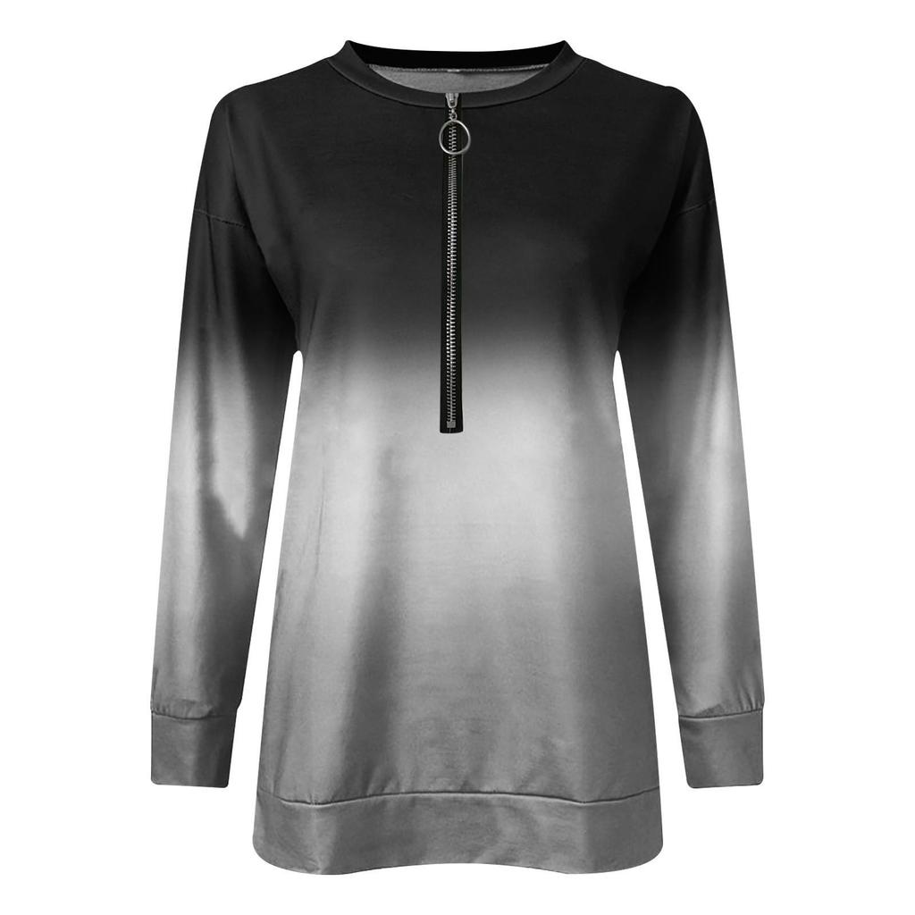 2025 Women's Gradient Color Zipper Round Neck Long Sleeve Hoodie Tee