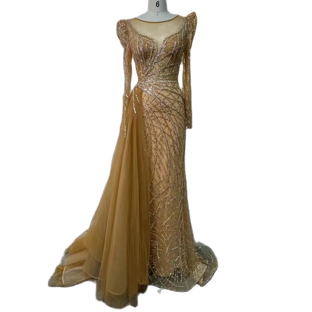 New product gold long-sleeved fishtail celebrity high-end temperament sexy and thin host evening dress skirt LA11101