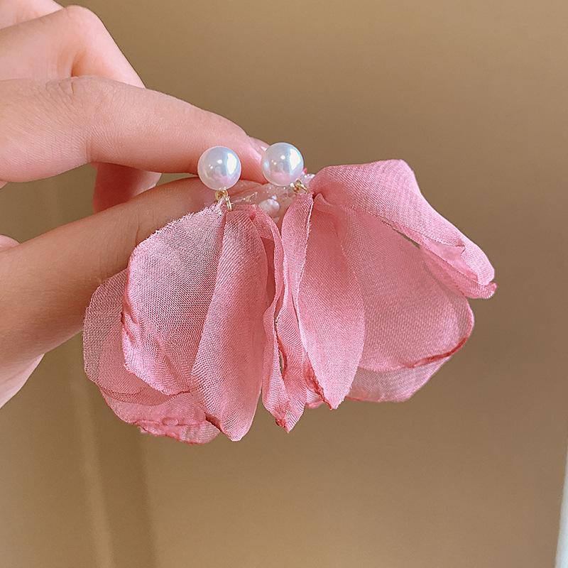 Delicate Pink Large Flower Earrings for Women Girls Fashion Imitation Pearl Pendant Earrings Christmas Jewelry Accessories