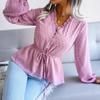 Blusa de primavera y verano para mujer, camisa de gasa con lunares y manga larga con volantes y cintura anudada