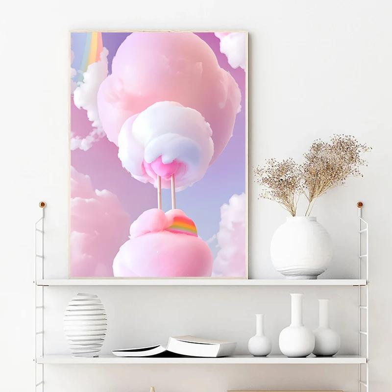 Colored Cotton Candy Rainbow Love Heart Posters Prints Canvas Printing Wall Art Picture for Girl Room Dessert Shop Decor Gifts