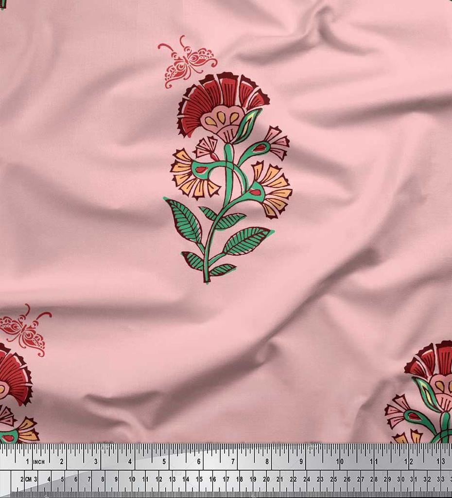 Soimoi Blue Japan Crepe Satin Fabric Insect|Leaves & Floral Block Print Fabric by Yard 42 Inch