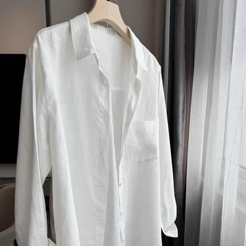 Women's Early Autumn White Linen High-End Long Sleeve Shirt - Slimming, Loose Fit, Cotton-Linen Blend