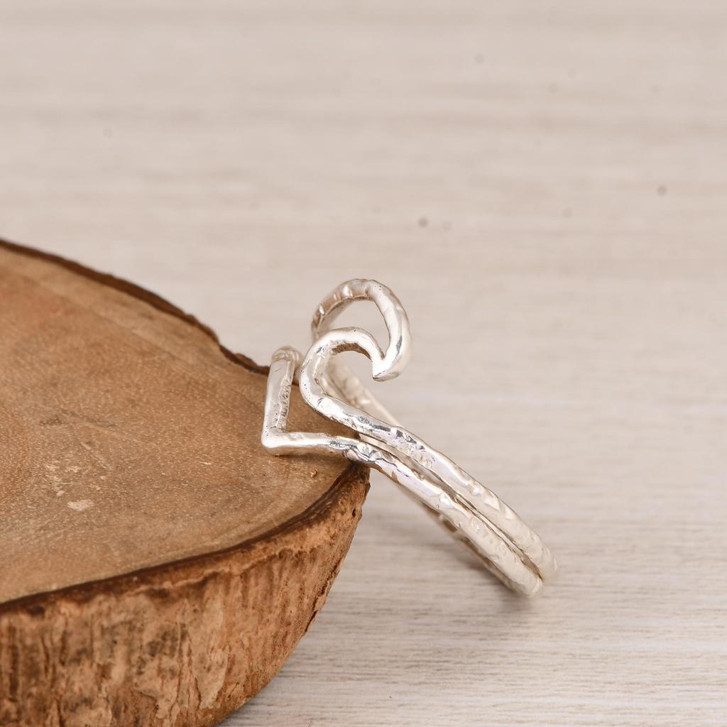 Wave Swirl Sterling Silver Open Ring, 925 Silver Minimalist Adjustable Ring, Handmade Ocean Inspired Statement Ring Gift for Her