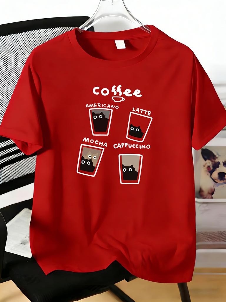 Unisex Round Neck Cotton Tee Funny Coffee Cup Black Cat Graphic Short Sleeve Summer Trendy Daily Casual Loose Fit Streetwear Top