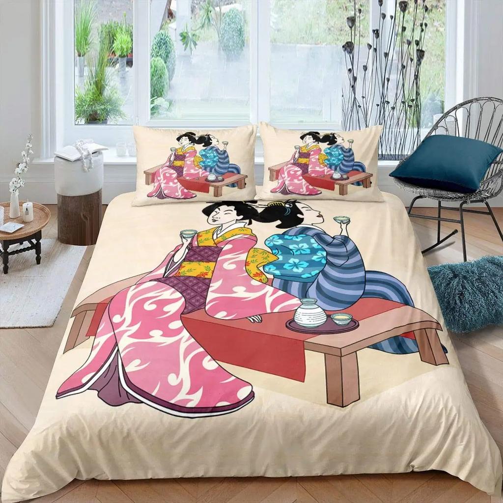 Japanese Geisha King Queen Duvet Cover Red Woman Bedding Set For Kids Teens Adults Koi Fish Eastern Culture 2/3Pcs Quilt Cover