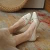 Shallow Apricot Women's Shoes Thin Heels Pearl Square Toe with Medium Pleated Ladies Footwear Shoe Casual Popular Fashion Young