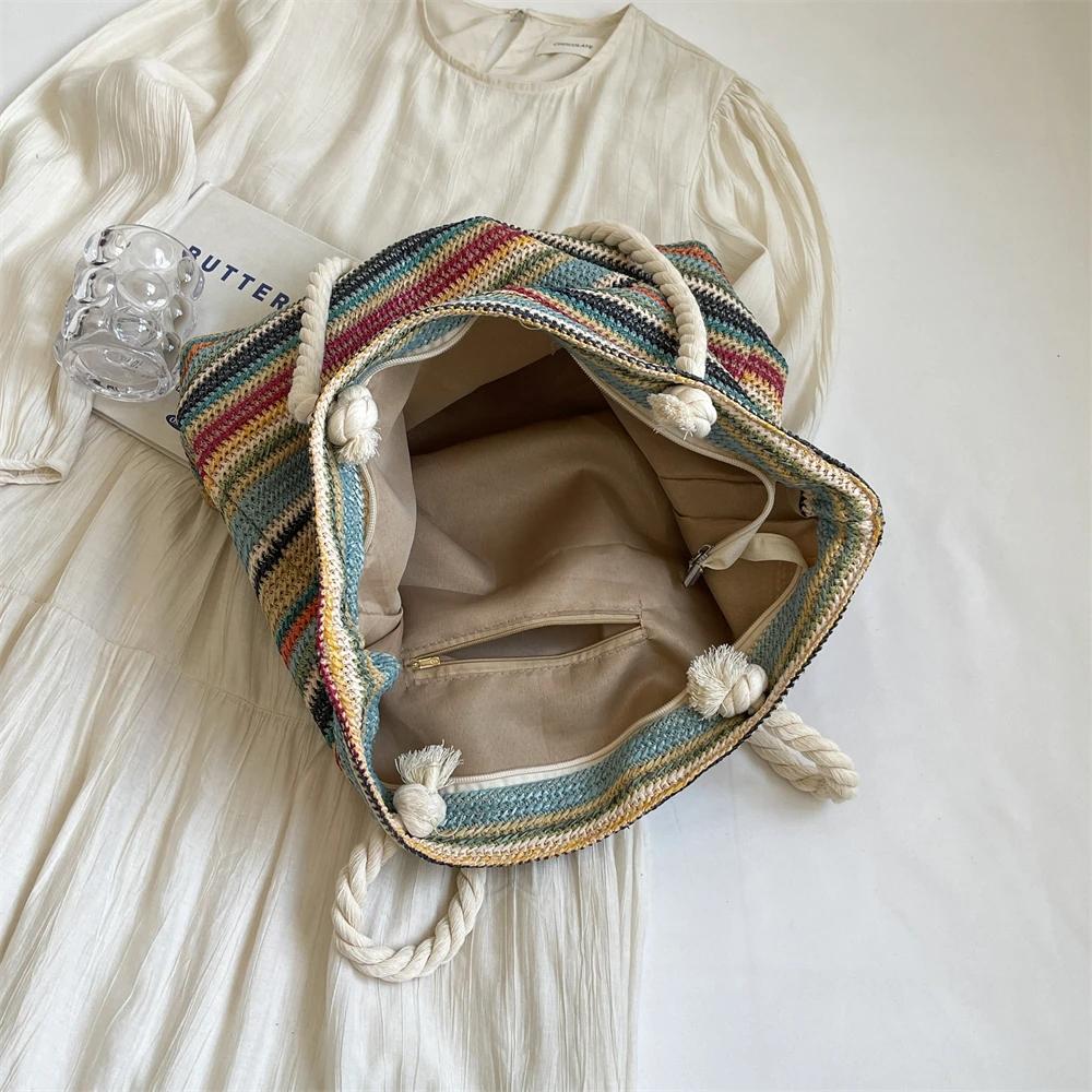 Straw Fabric Woven Design Women Tote Bags Rainbow Color Large Capacity Summer Beach Shoulder Shopper Bag Casual Commute Handbags
