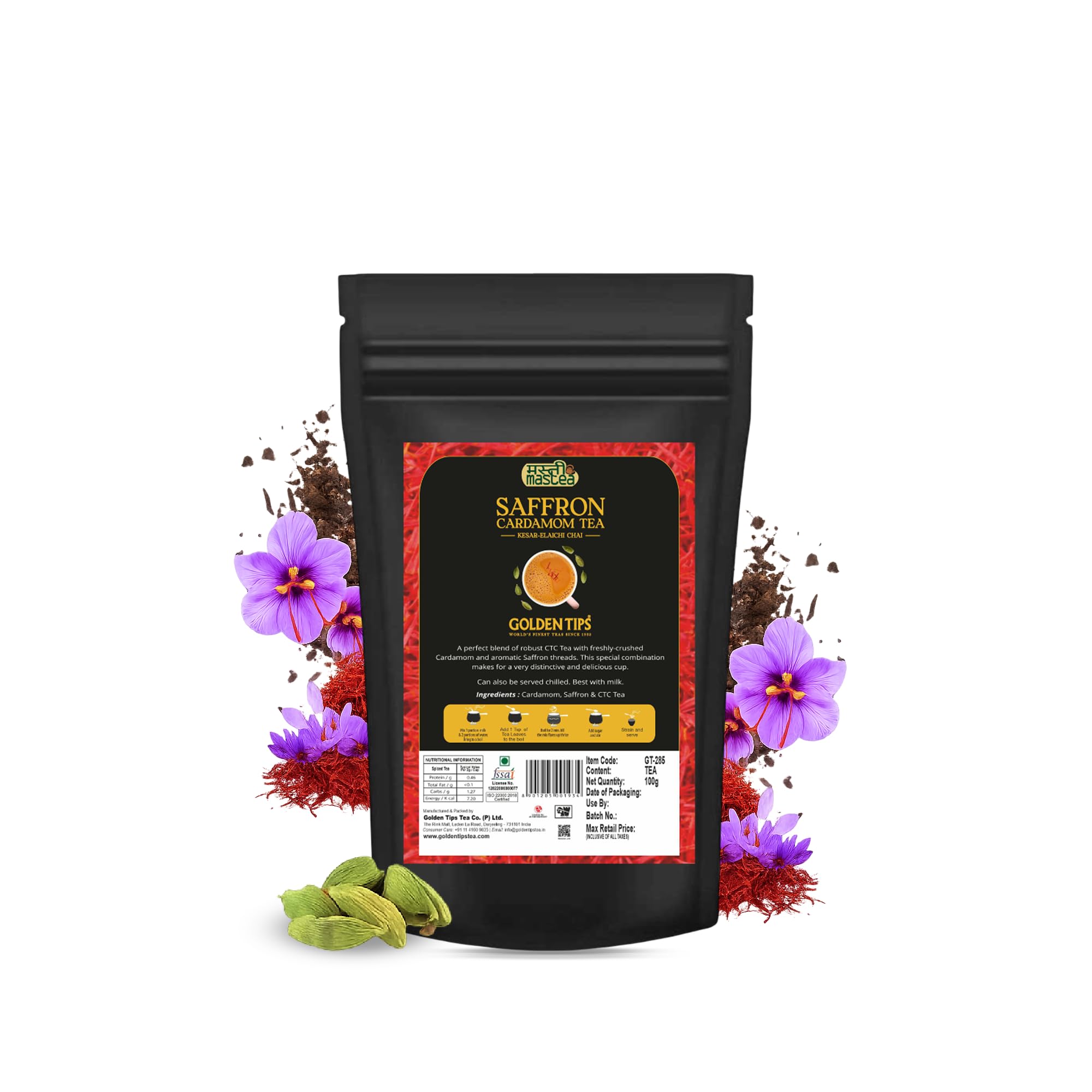 

Golden Tips Saffron(Kesar) Cardamom (Elaichi) Exotic Indian Masala Chai CTC Black Tea (40 Cups), 100 g