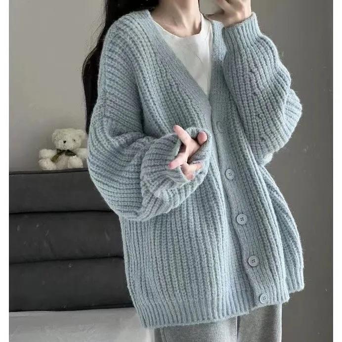 Women Long Sleeve V Neck Knitted Cardigan Sweater Button Up Jumper Coat Female