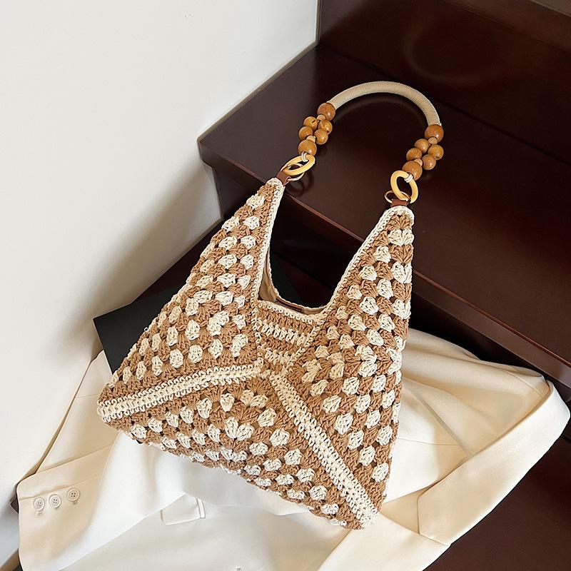 

Вязаная сумка большой вместимости женская летняя новая плетеная сумка через плечо с деревянными бусинами, шерстяная сумка-тоут, связанная крючком