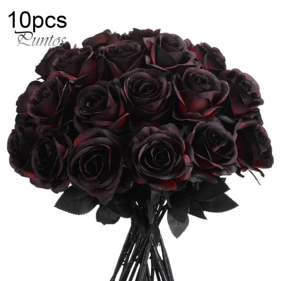 Decorative Black Rose Stems Realistic Silk Roses with Long for Wedding Centerpieces, Halloween Home Decor, Artificial Faux Floral Arrangements