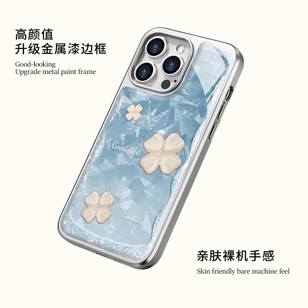 Blue curve white flower suitable for Apple 17 mobile phone case 15 new iphone16promax water condensation protective case