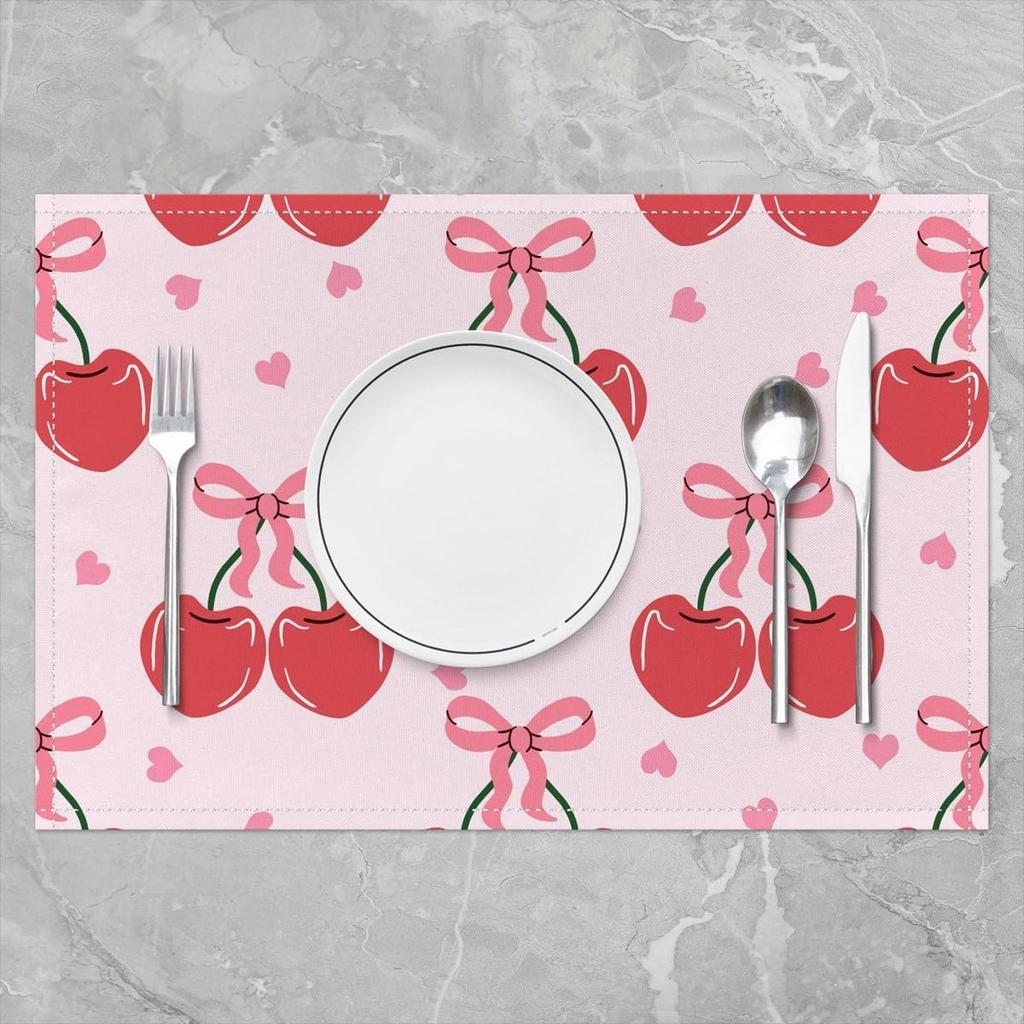 Girls Red Cherry Placemats Set of 4,Cute Bowknot Fruit Cherry Table Place Mats,Kids Girls,Princess Dreamy Placemat