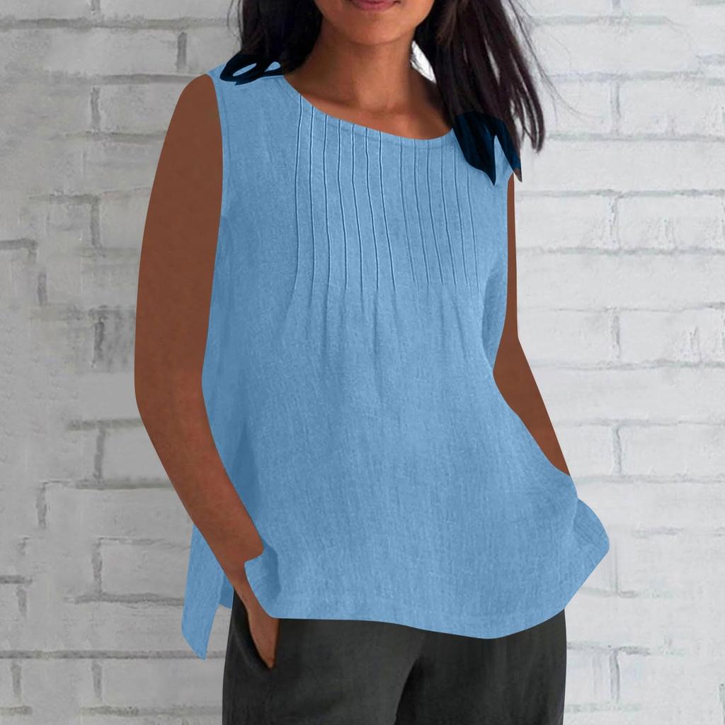 Women's Fashionable And Casual Sleeveless Vest Solid-color Cotton And Linen Pleated Sleeveless Top T-shirt
