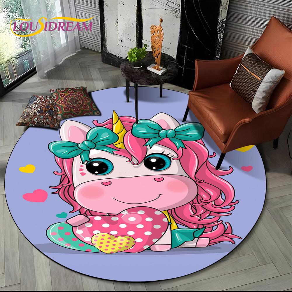 3D Cute Unicorn Cartoon Girl Gift Round Carpet Rug for Living Room Bedroom Child Playroom Decor,Pet Area Rug Non-slip Floor Mat