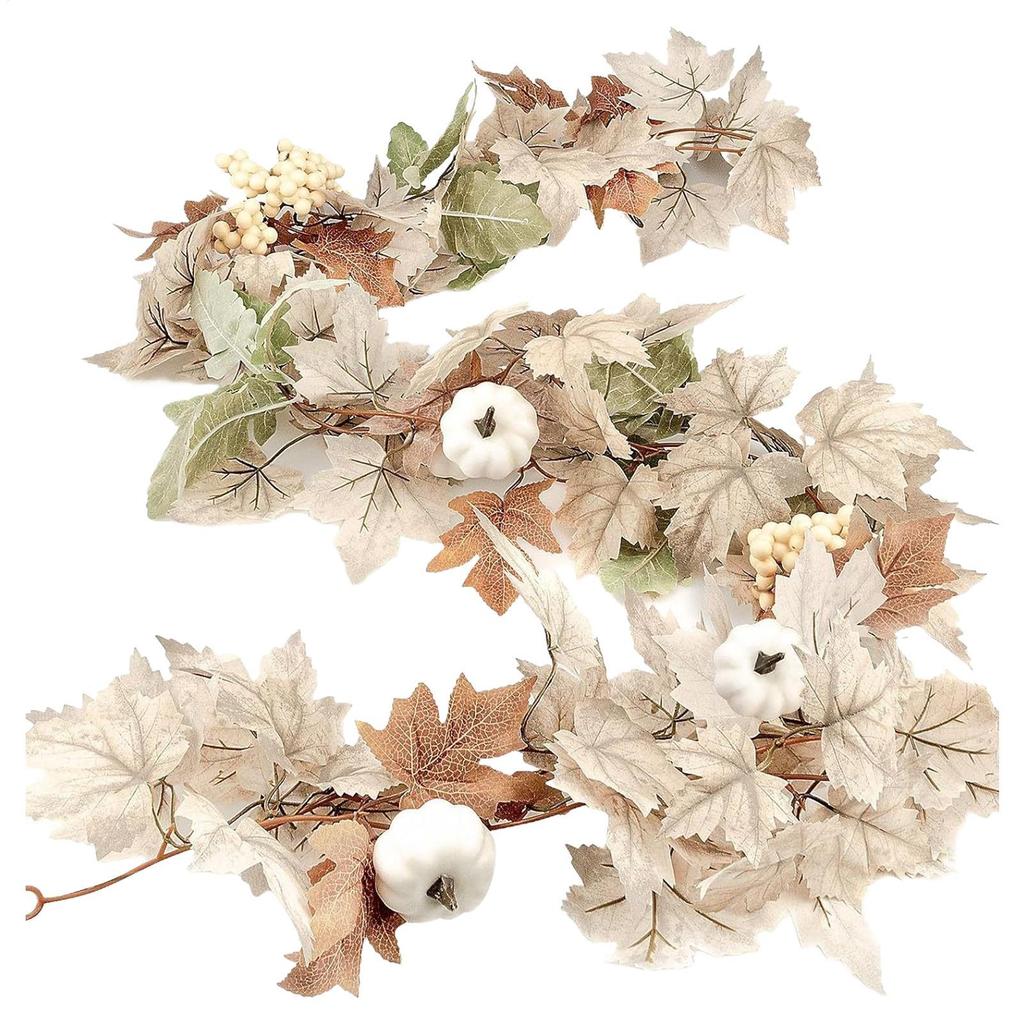 Maple Leafs Wreath 5.9FT Pumpkin Halloween Garland With Berries Pumpkin Decorative Leafs Vine Fall Garland for Thanksgiving