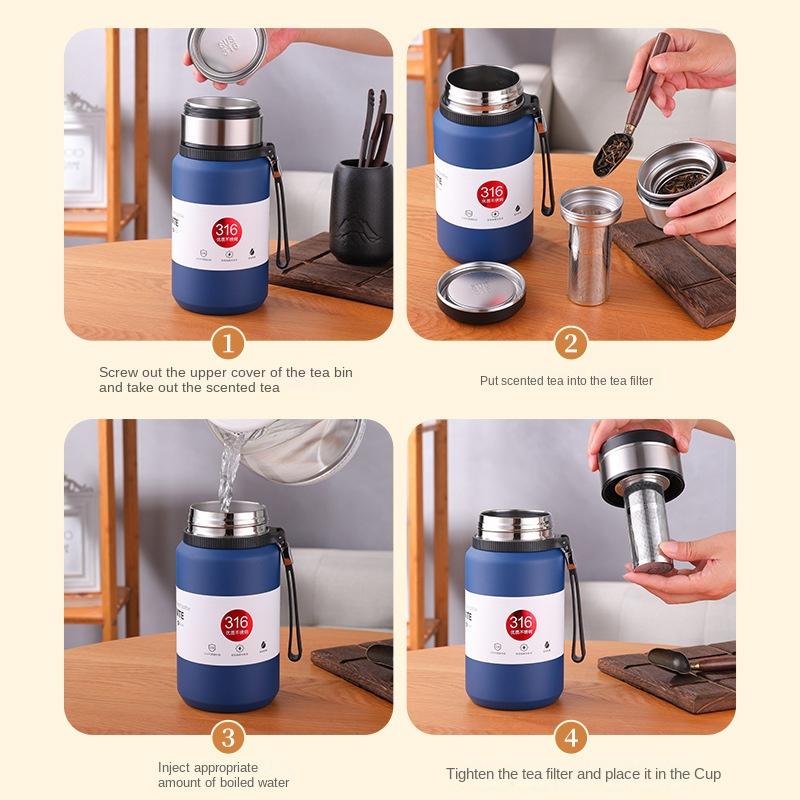 New 316 Stainless Steel Thermos Cup Large Capacity Tea Water Separation Braised Cup Portable Handle Tea Cup