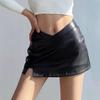 2024 Spring/Summer American Retro Low-Rise V-Design Single Slit Thick Lined Mini Leather Skirt Shorts